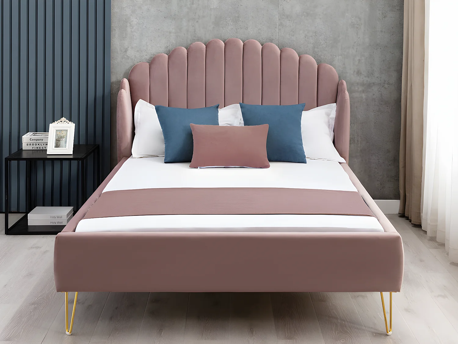 Lit 140 x 190 cm avec tête de lit ondulée - Velours - Vieux rose + Matelas - SAGALI