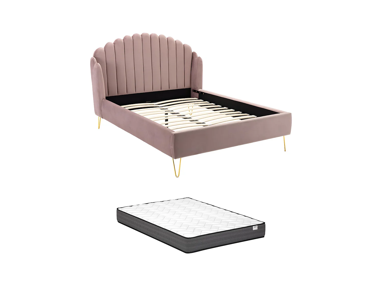 Lit 140 x 190 cm avec tête de lit ondulée - Velours - Vieux rose + Matelas - SAGALI