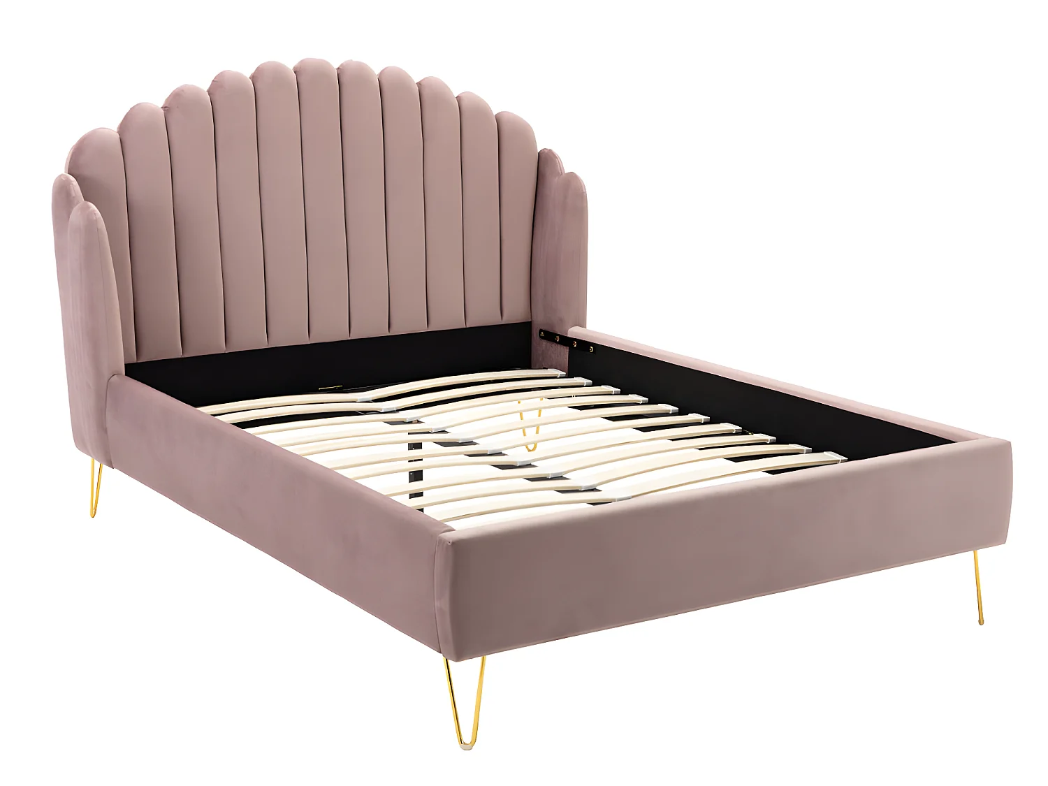 Lit 140 x 190 cm avec tête de lit ondulée - Velours - Vieux rose + Matelas - SAGALI