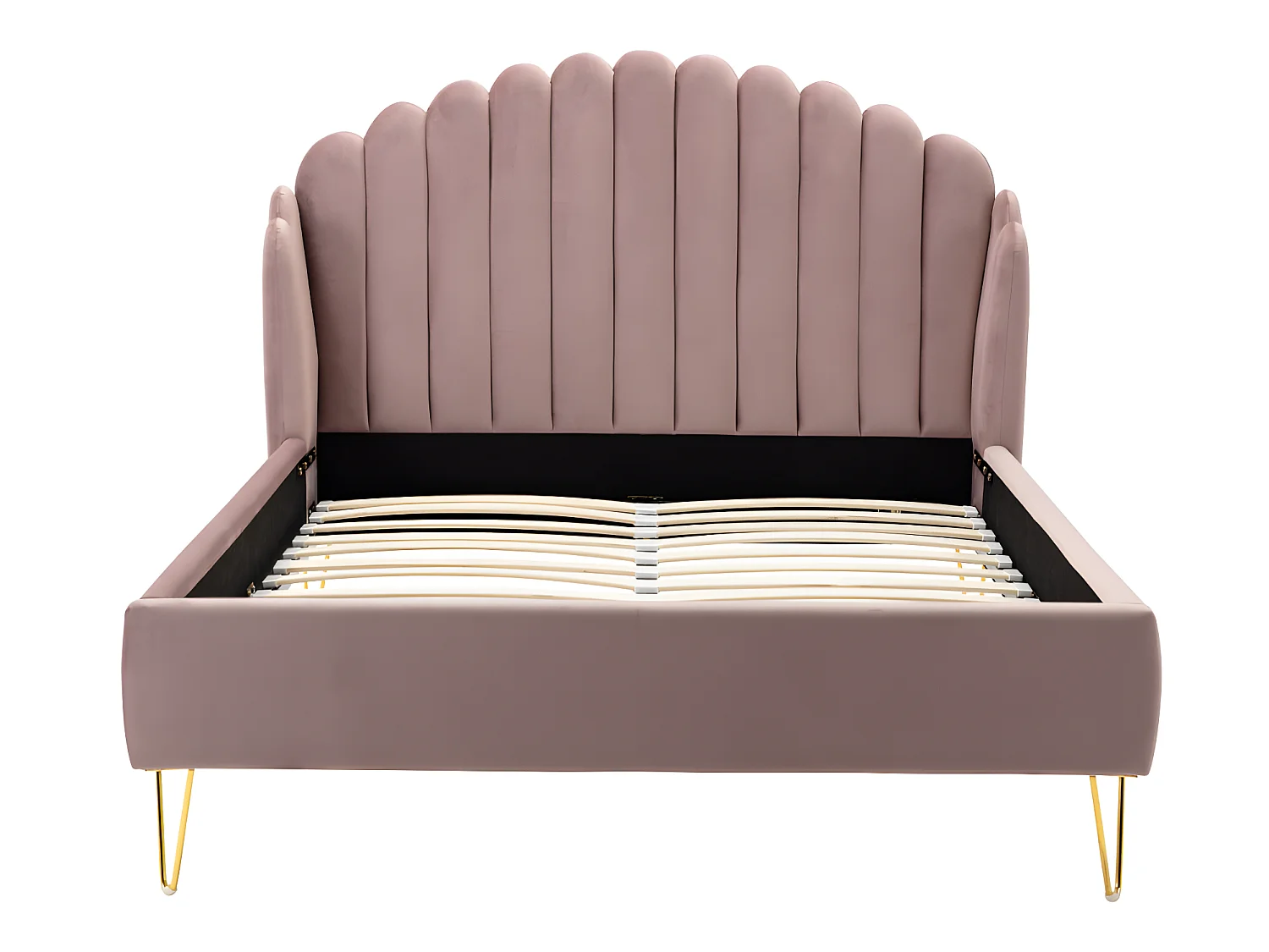 Lit 140 x 190 cm avec tête de lit ondulée - Velours - Vieux rose + Matelas - SAGALI
