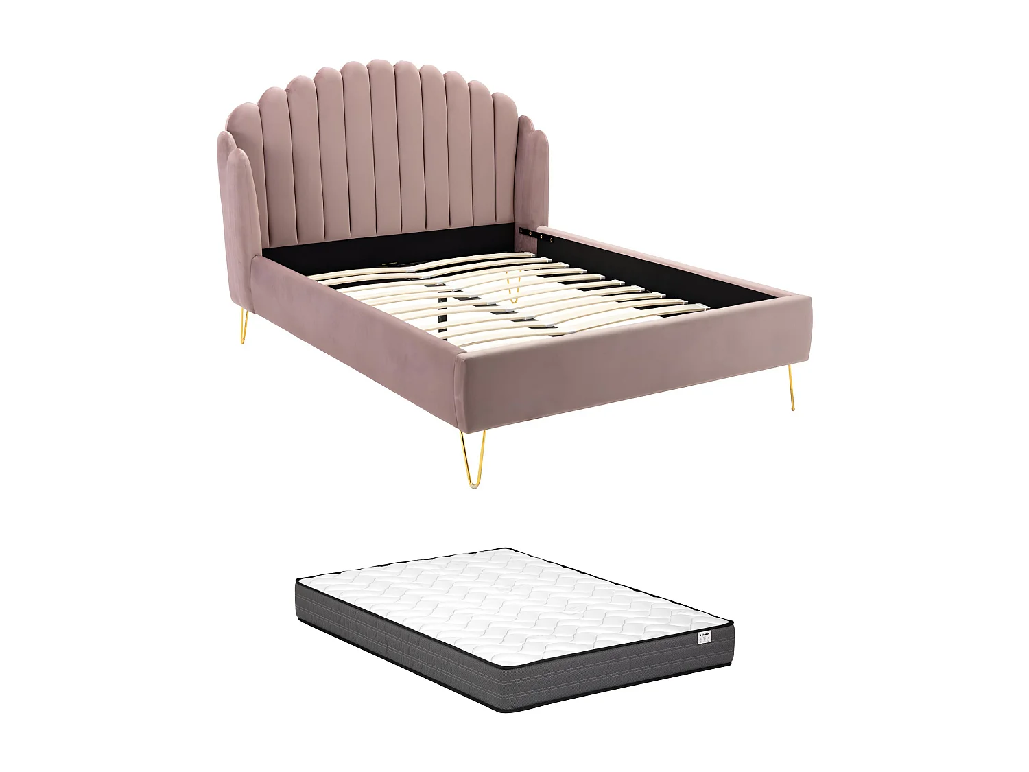 Lit 140 x 190 cm avec tête de lit ondulée - Velours - Vieux rose + Matelas - SAGALI