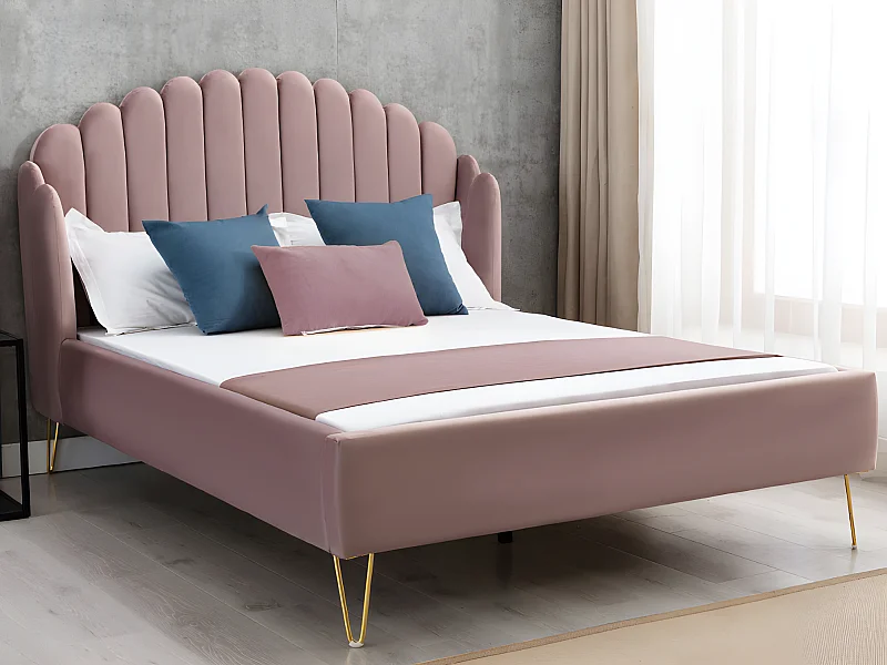 Lit 140 x 190 cm avec tête de lit ondulée - Velours - Vieux rose + Matelas - SAGALI