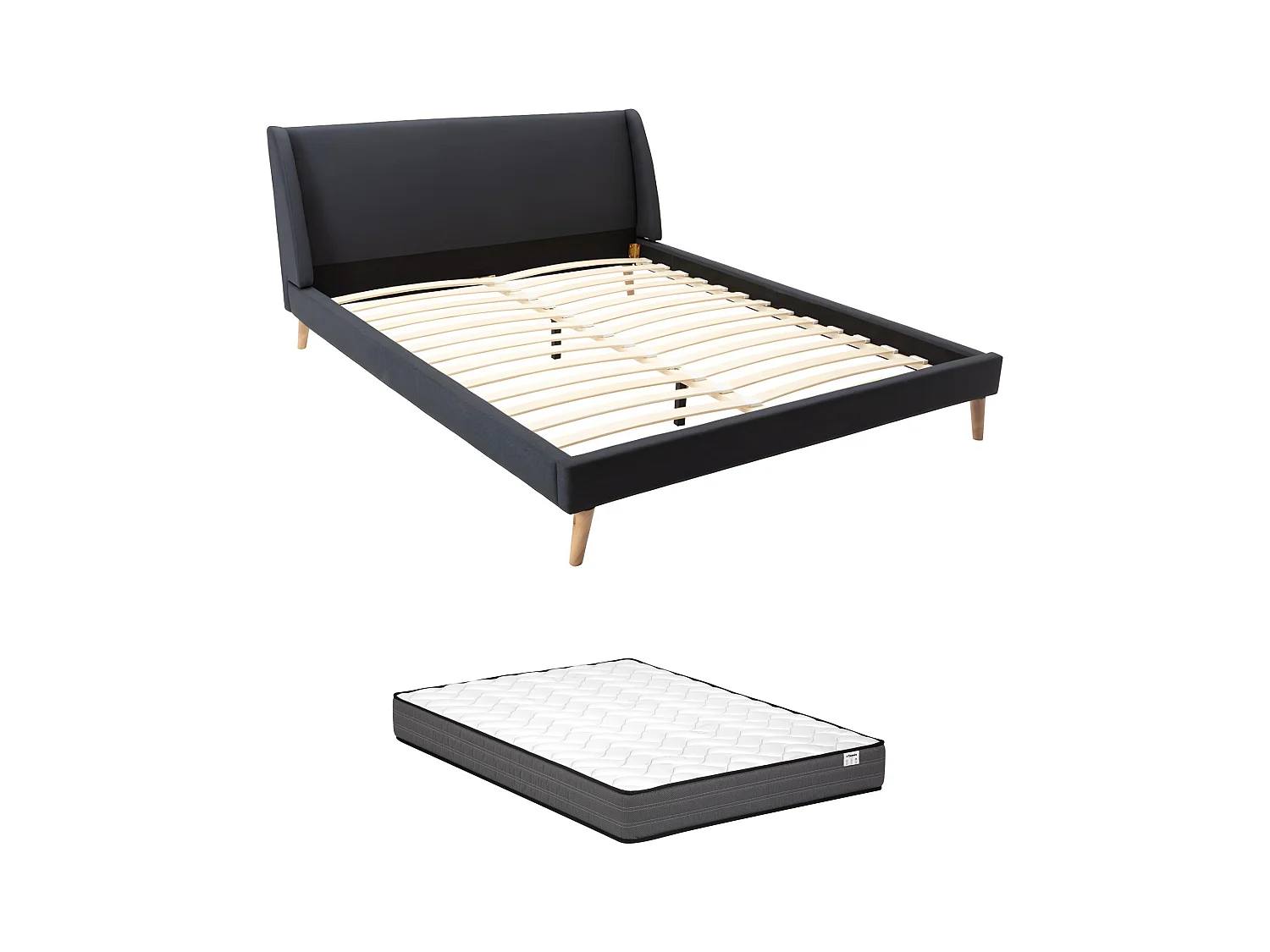 Lit scandinave 160 x 200 cm - Tissu - Gris anthracite + Matelas - BENEDICTE