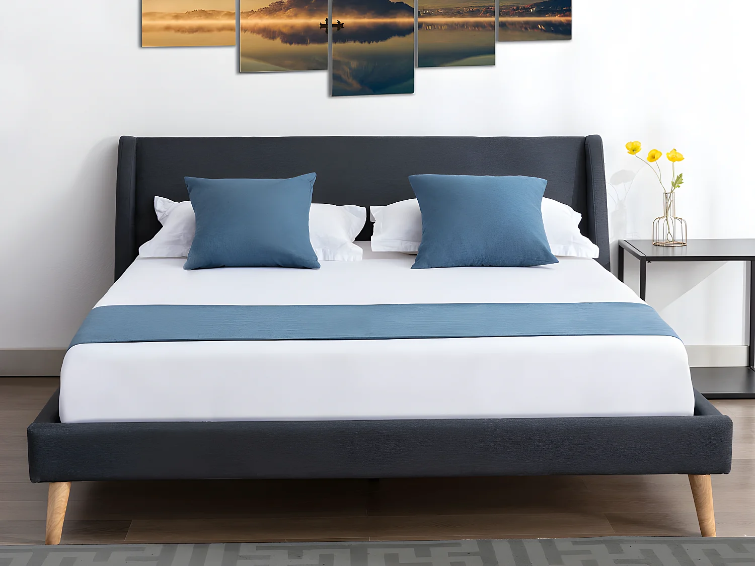 Lit scandinave 160 x 200 cm - Tissu - Gris anthracite + Matelas - BENEDICTE