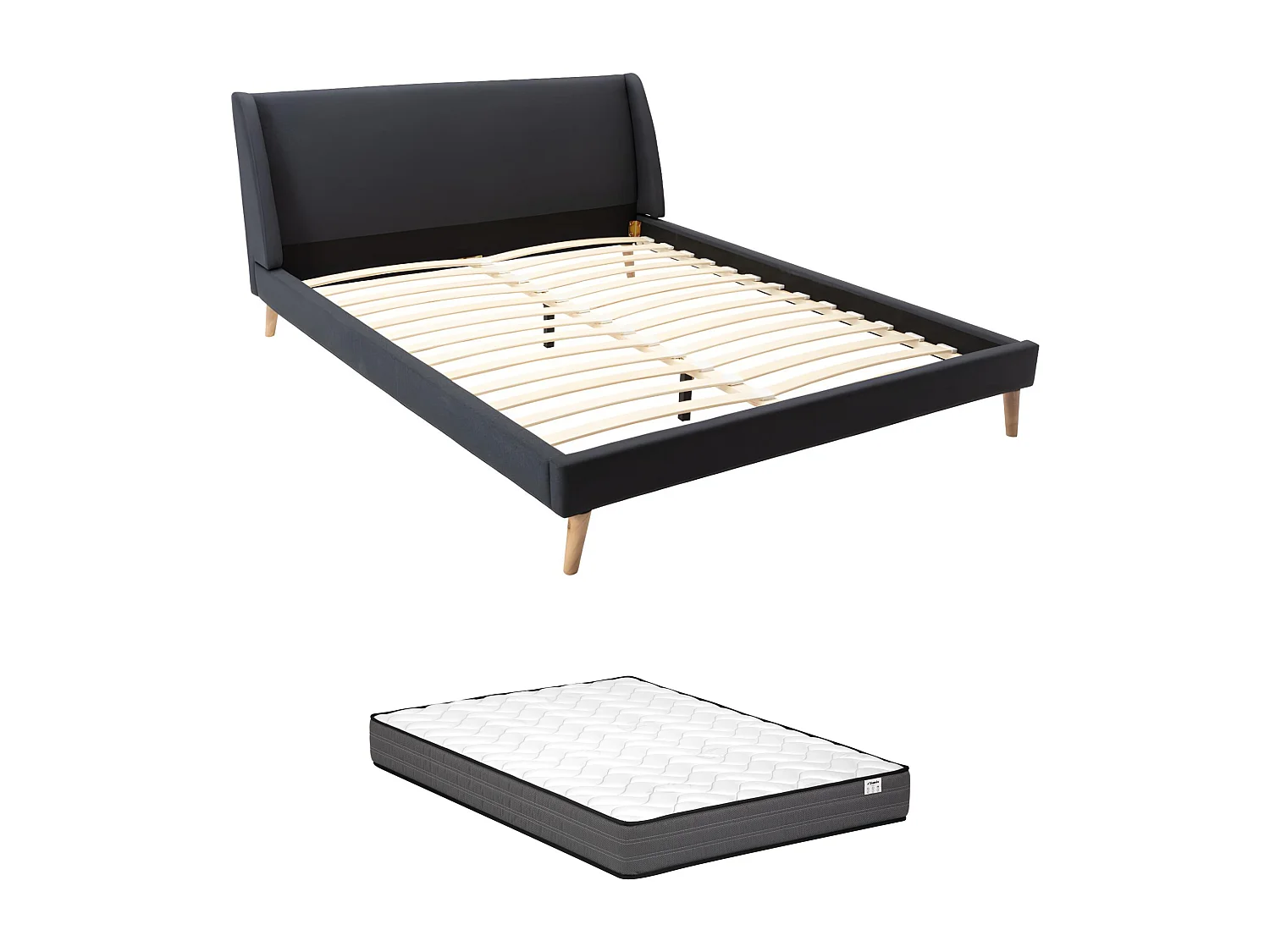 Lit scandinave 160 x 200 cm - Tissu - Gris anthracite + Matelas - BENEDICTE