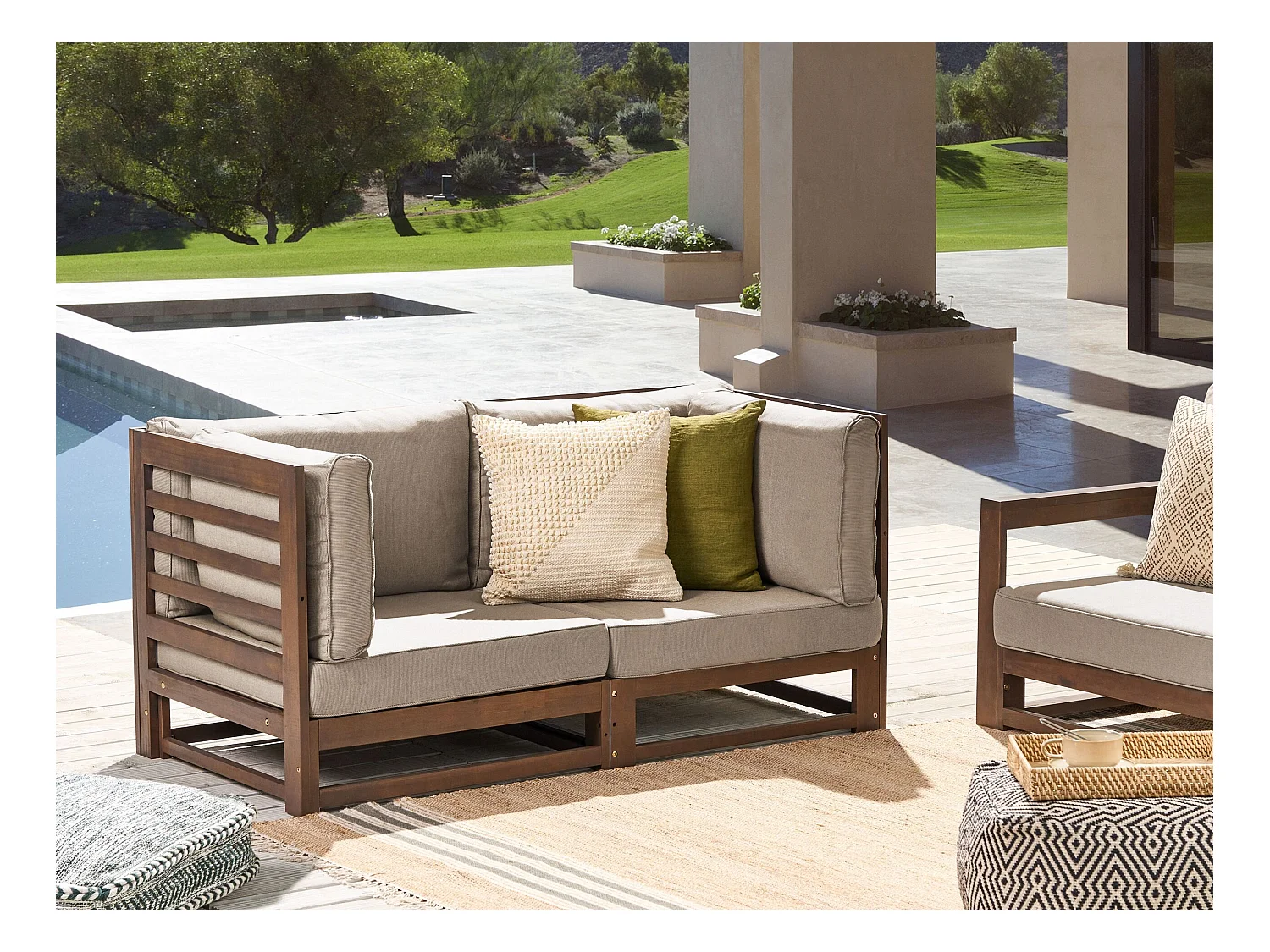 Gartensofa Akazienholz 2-Sitzer dunkler Holzfarbton mit Auflagen taupe Trani