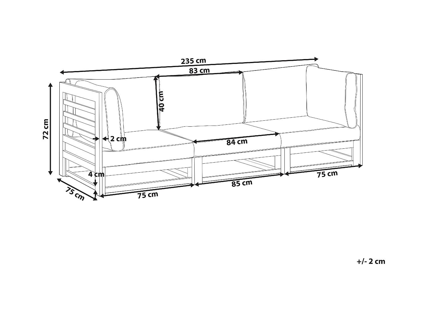 Gartensofa Akazienholz 3-Sitzer dunkler Holzfarbton mit Auflagen taupe Trani