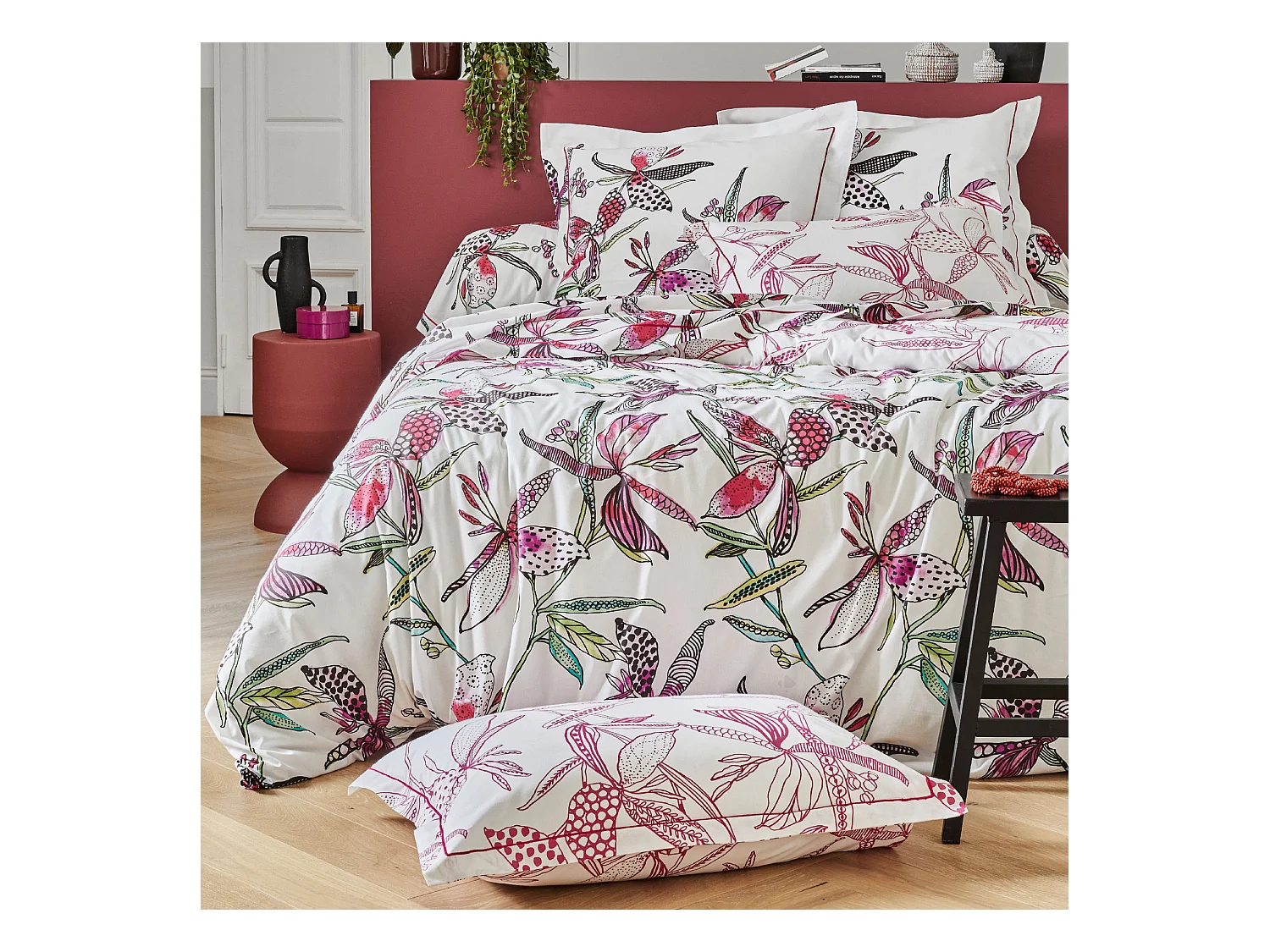 Parure de lit 240x220 cm coton PÉNÉLOPE Rose 3 pièces