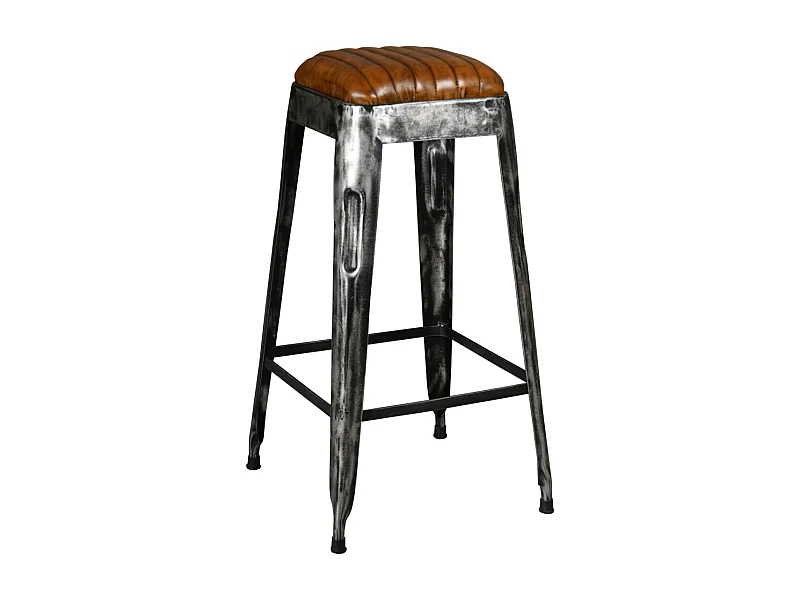 Tabouret haut en métal vieilli et cuir de buffle