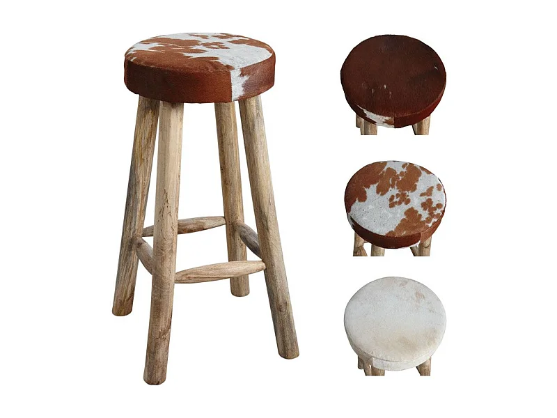 Tabouret de bar en peau de vache et bois