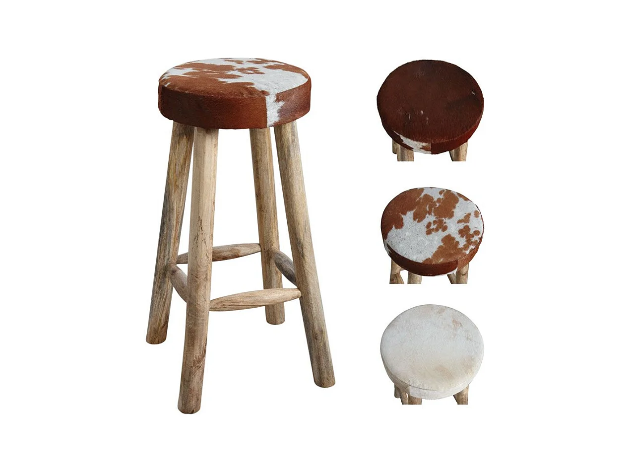 Tabouret de bar en peau de vache et bois
