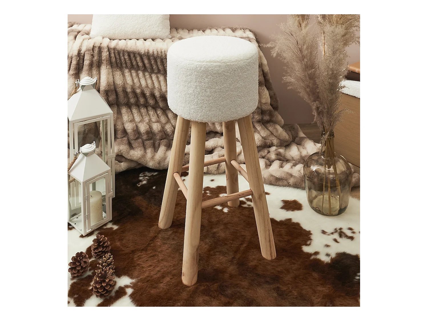 Tabouret Bar Bouclette Freya - Lot De 2 Blanc, Marron