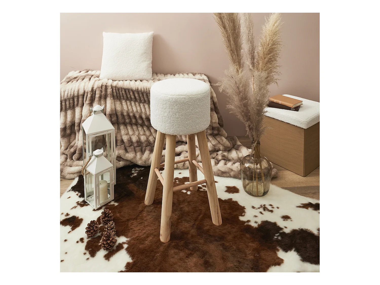 Tabouret Bar Bouclette Freya - Lot De 2 Blanc, Marron