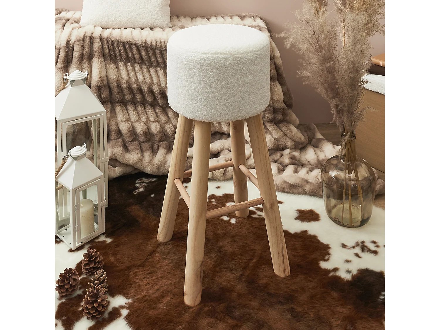 Tabouret Bar Bouclette Freya - Lot De 2 Blanc, Marron