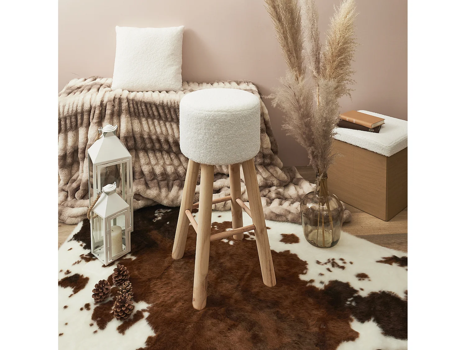 Tabouret Bar Bouclette Freya - Lot De 2 Blanc, Marron