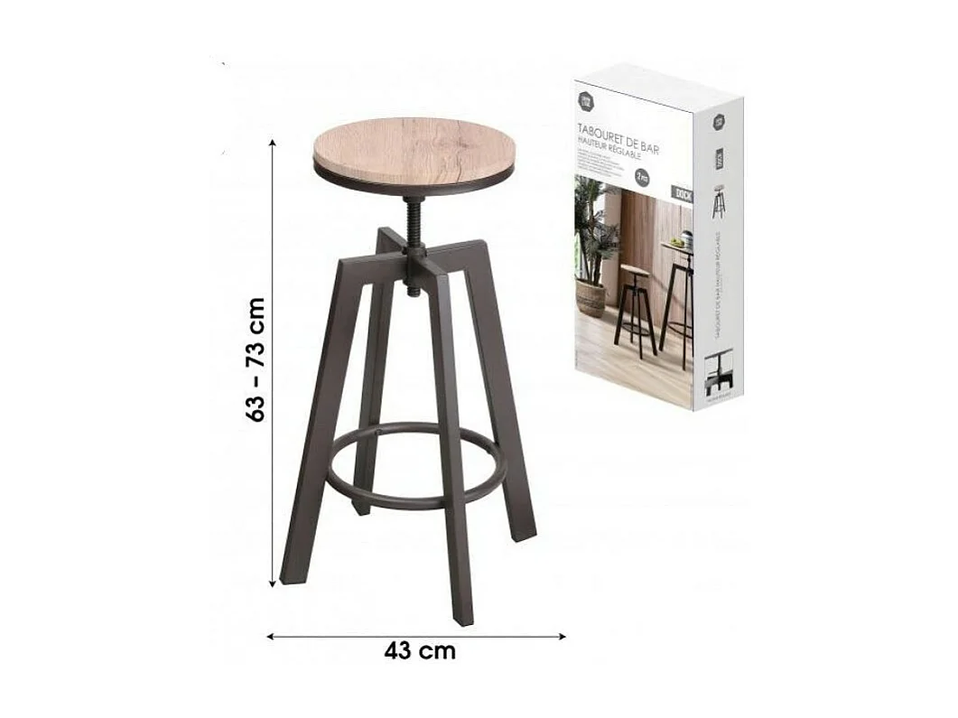 Lot de 2 Tabourets de Bar, Collection Factory, Bois, diam 43 hauteur 63/80 cm