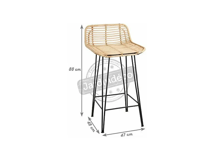 Tabouret haut en rotin naturel et métal