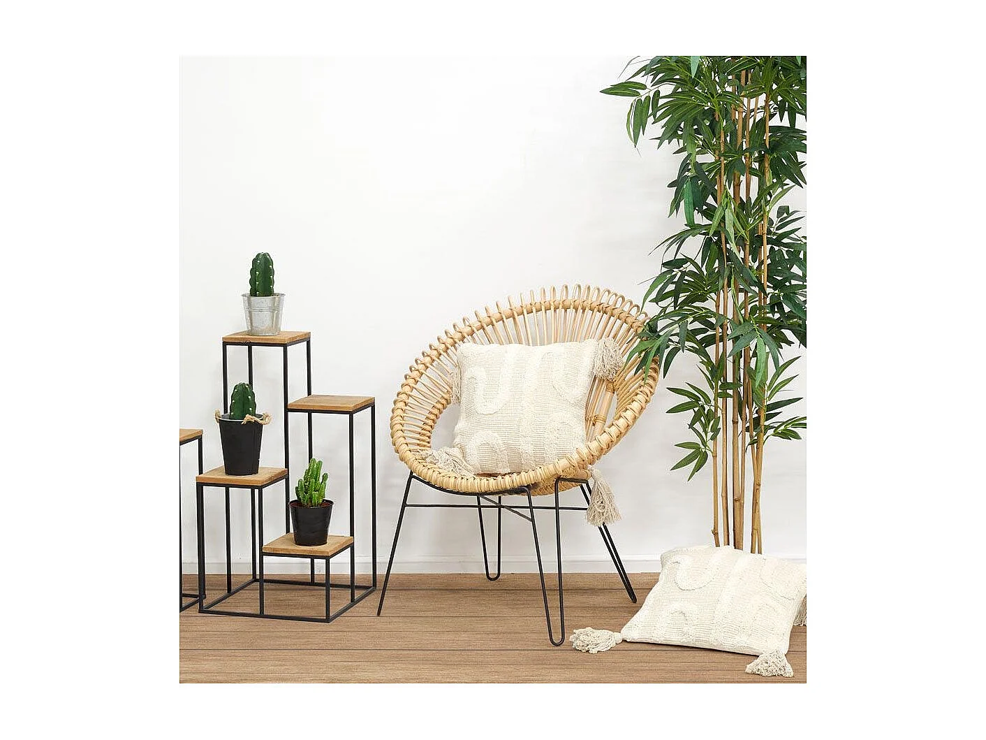 Fauteuil soleil en rotin naturel et métal