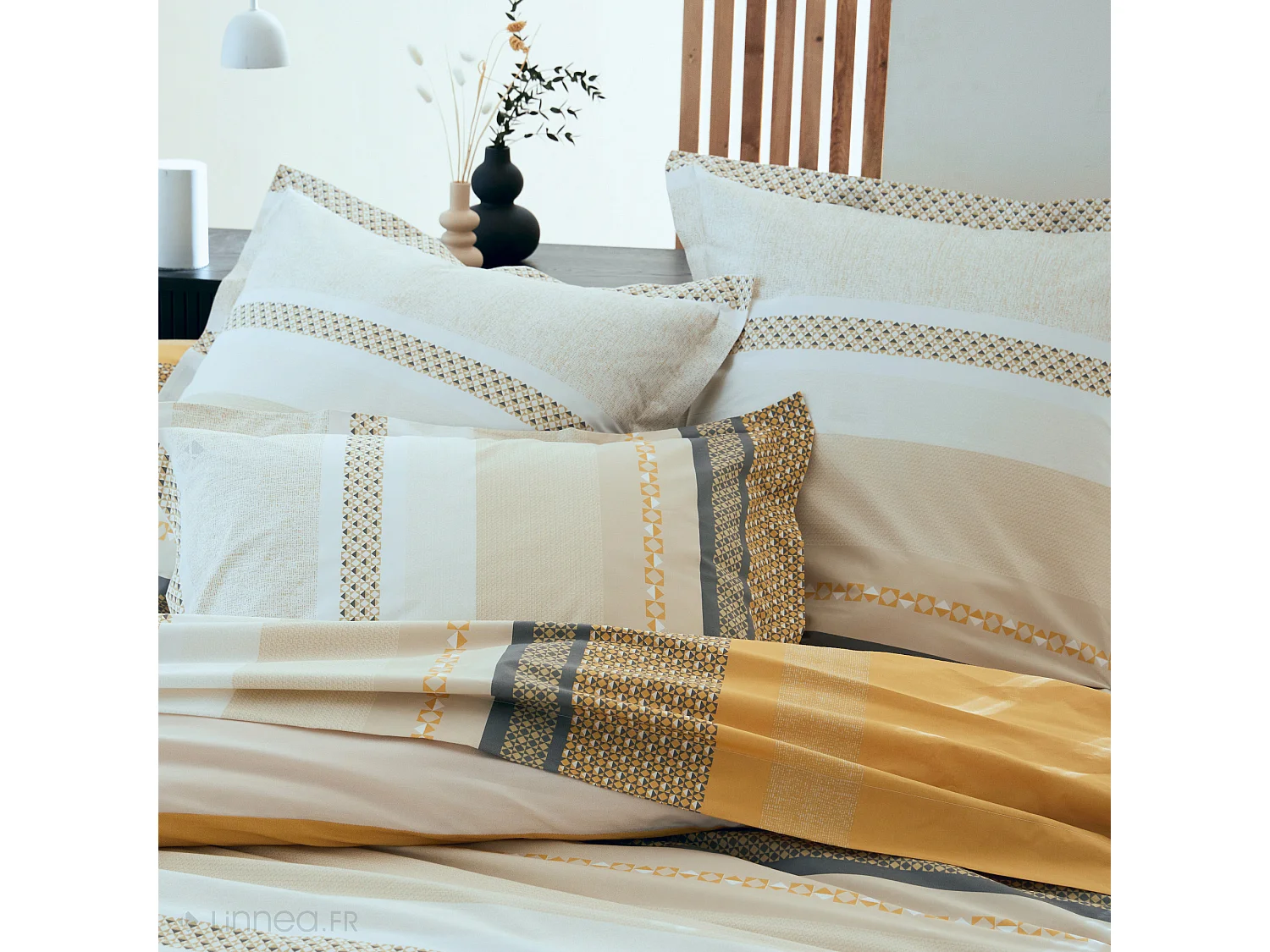 Parure de lit 260x240 cm 65x65 cm percale coton MARLOW Miel 3 pièces