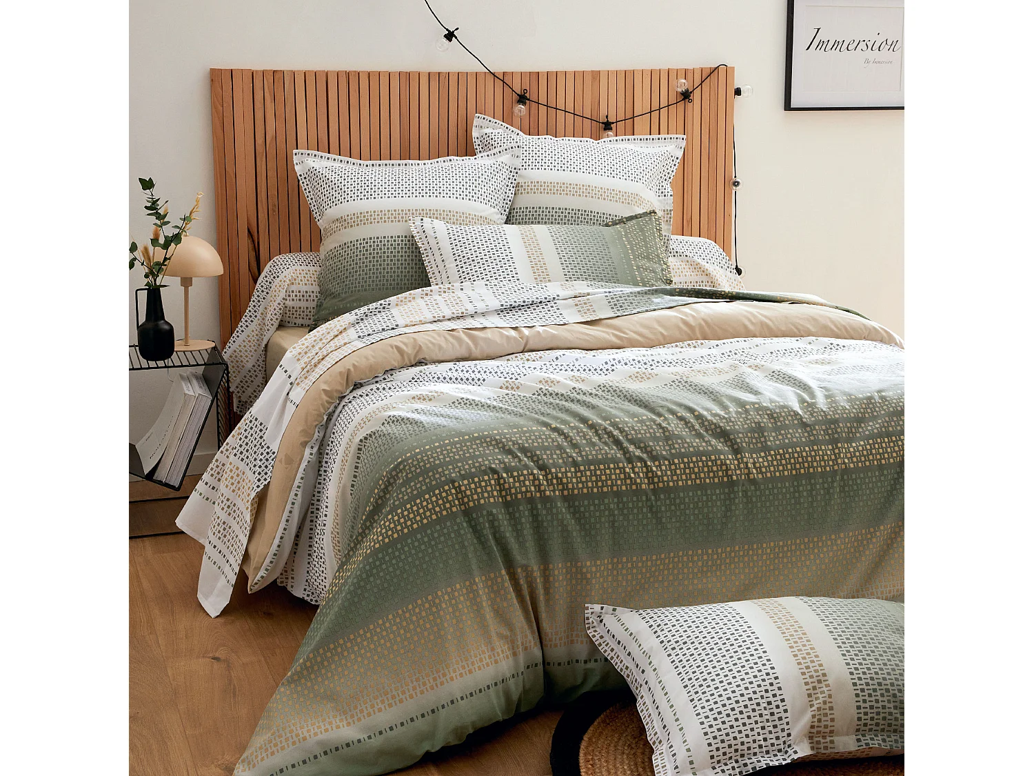 Parure de lit 200x200 cm coton NIAGARA vert Kaki 3 pièces