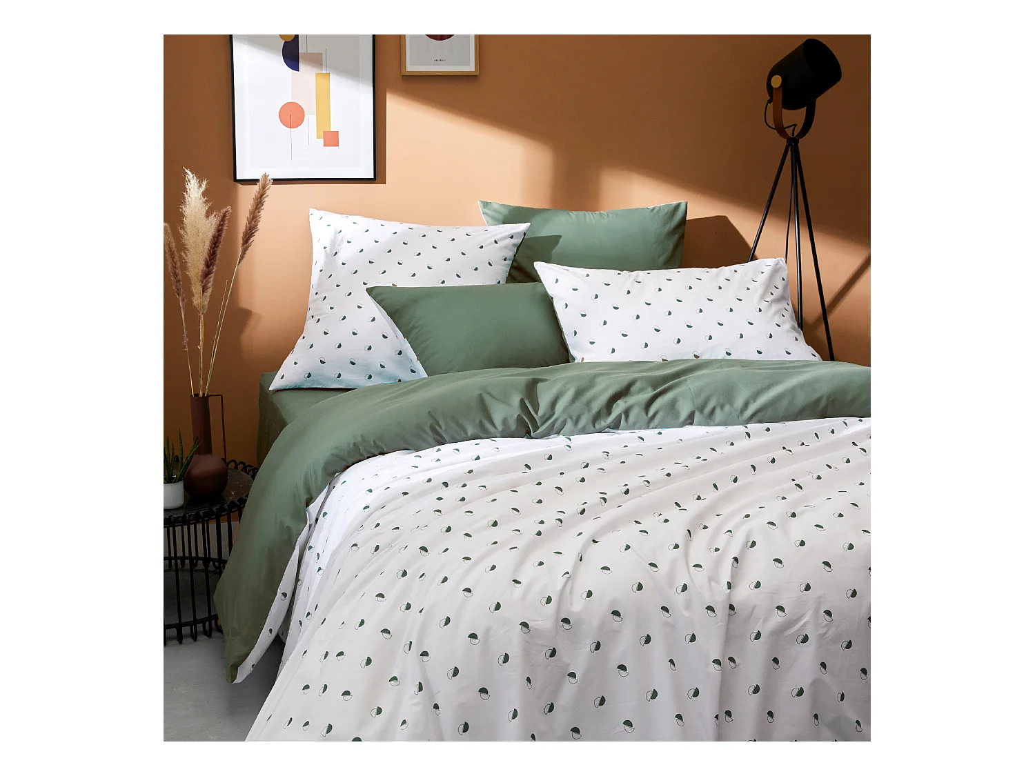 Parure de lit 240x220 cm 65x65 cm percale coton ALEX vert Kaki 3 pièces