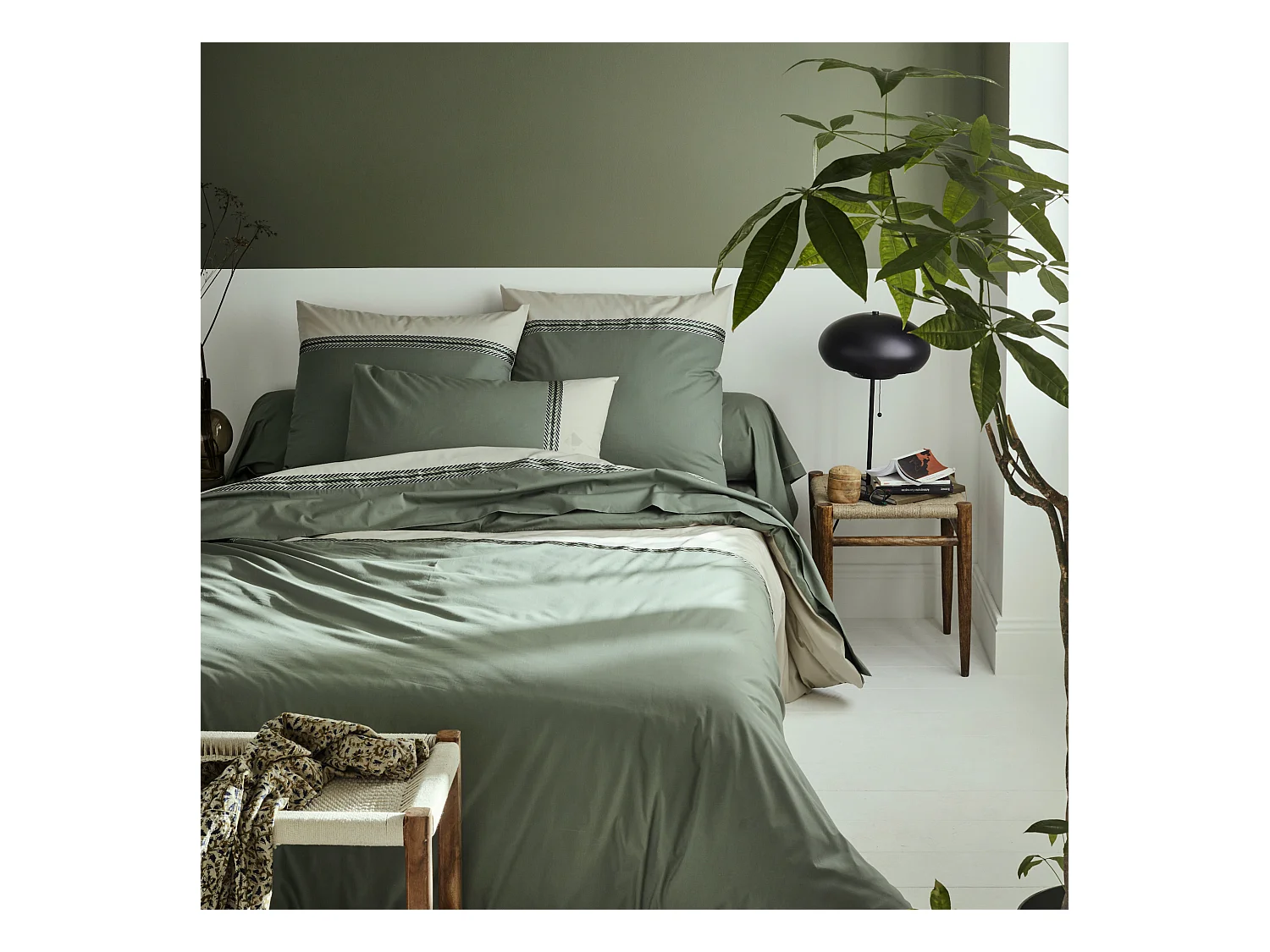 Parure de lit 200x200 cm percale coton NOA vert Kaki 3 pièces