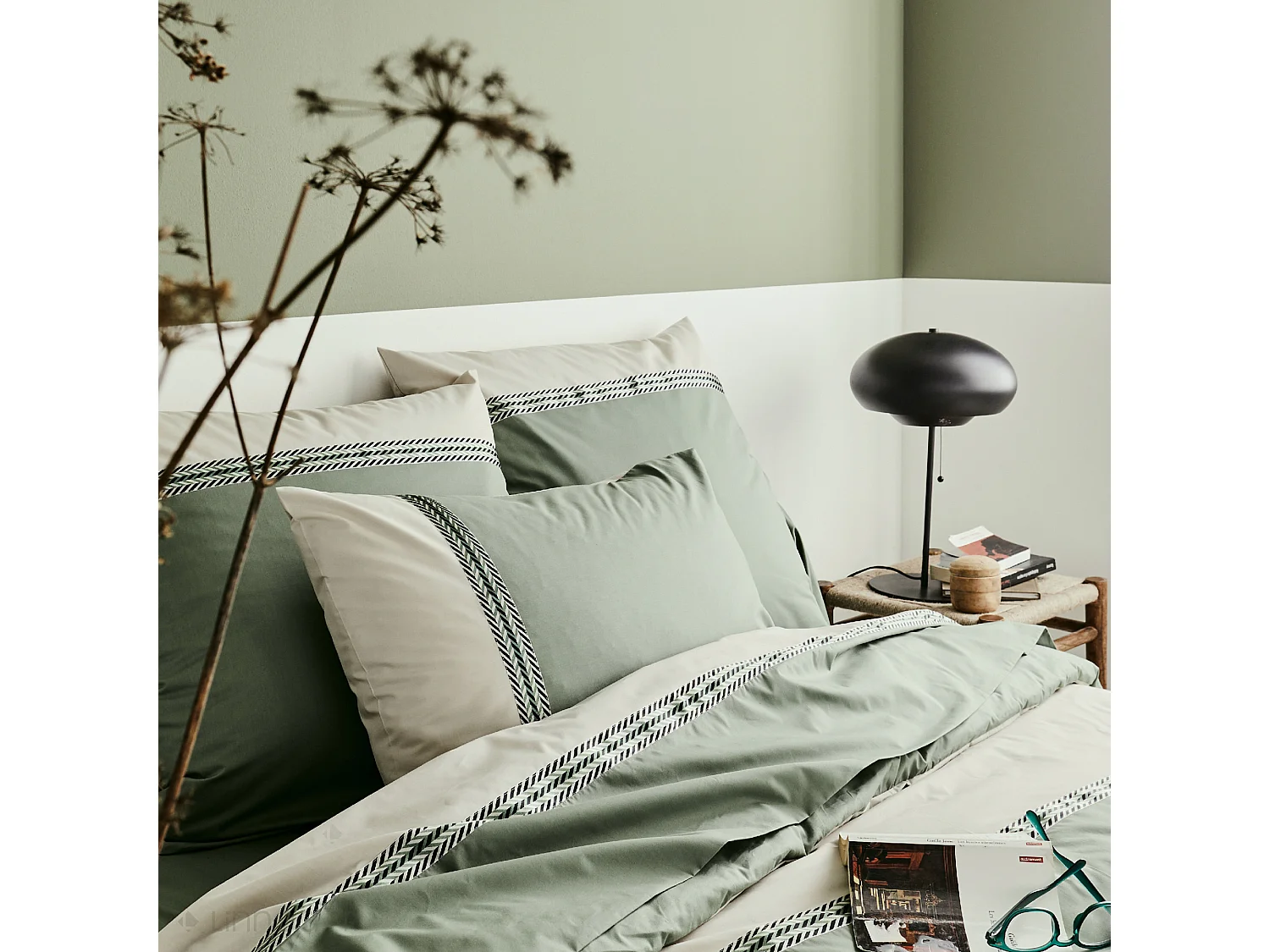 Parure de lit 200x200 cm percale coton NOA vert Kaki 3 pièces