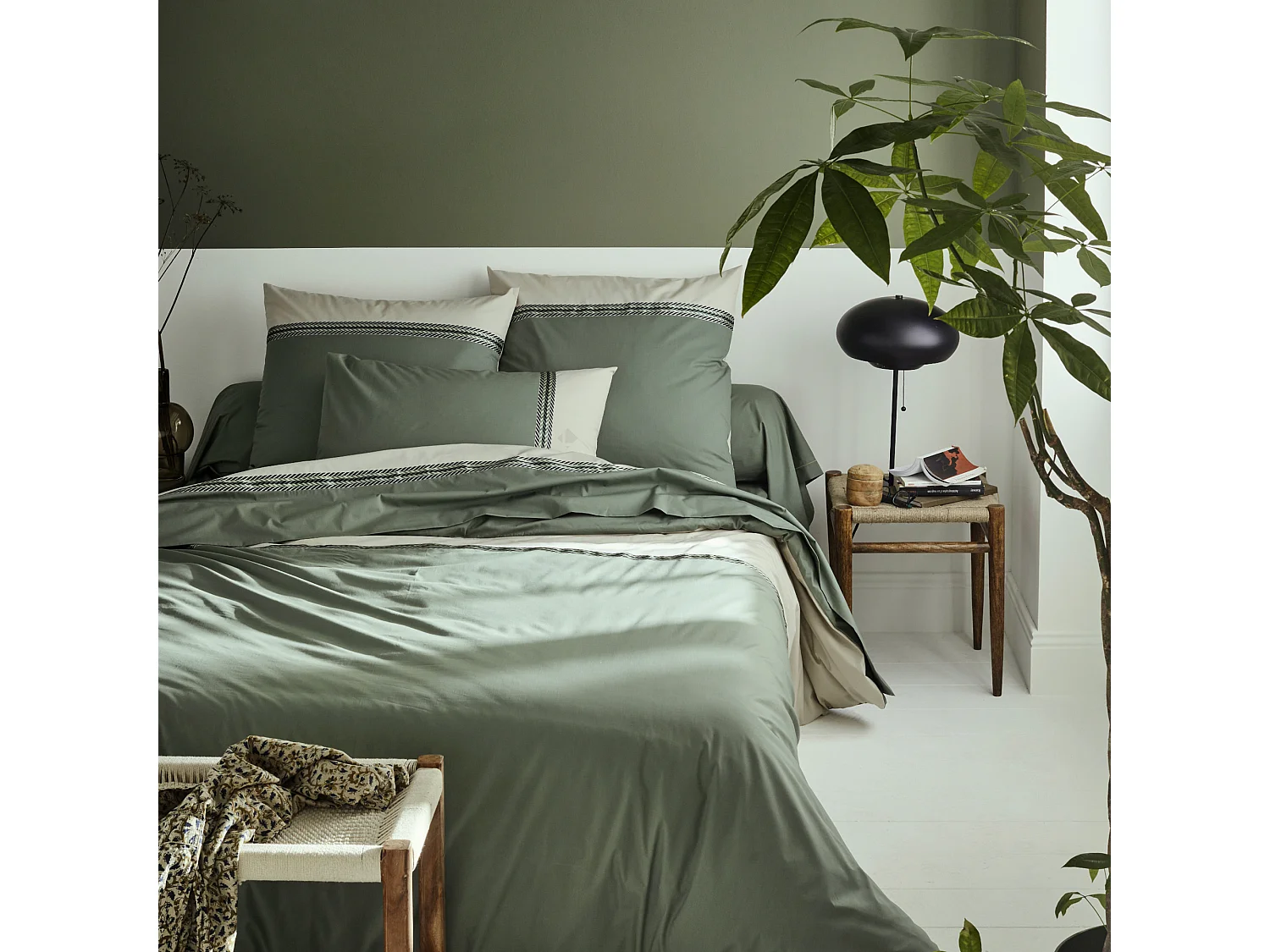 Parure de lit 200x200 cm percale coton NOA vert Kaki 3 pièces