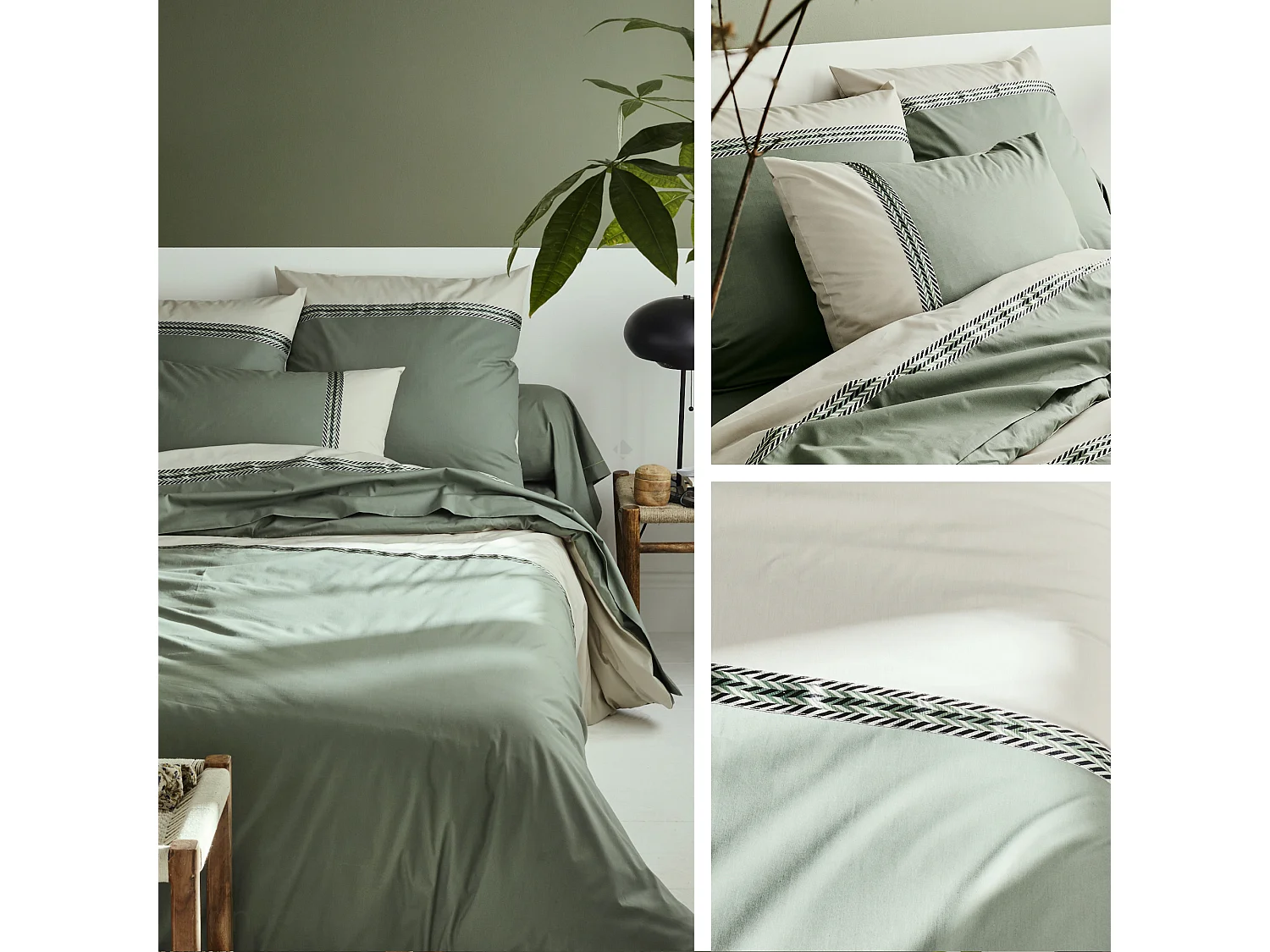 Parure de lit 200x200 cm percale coton NOA vert Kaki 3 pièces