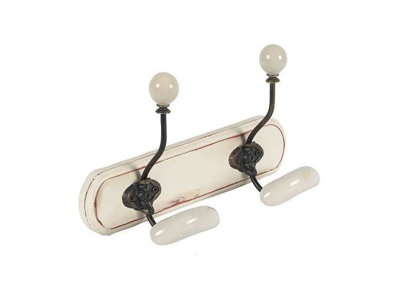 Patère en bois blanc et céramique 2 crochets