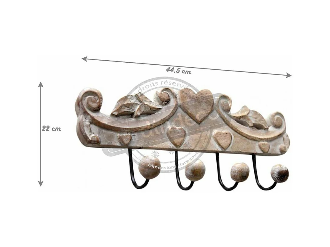 Patère en manguier blanchi avec 4 crochets boules