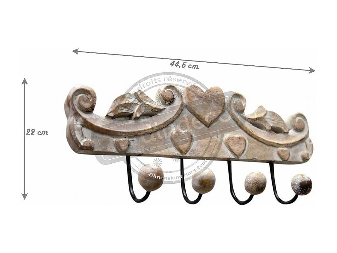 Patère en manguier blanchi avec 4 crochets boules
