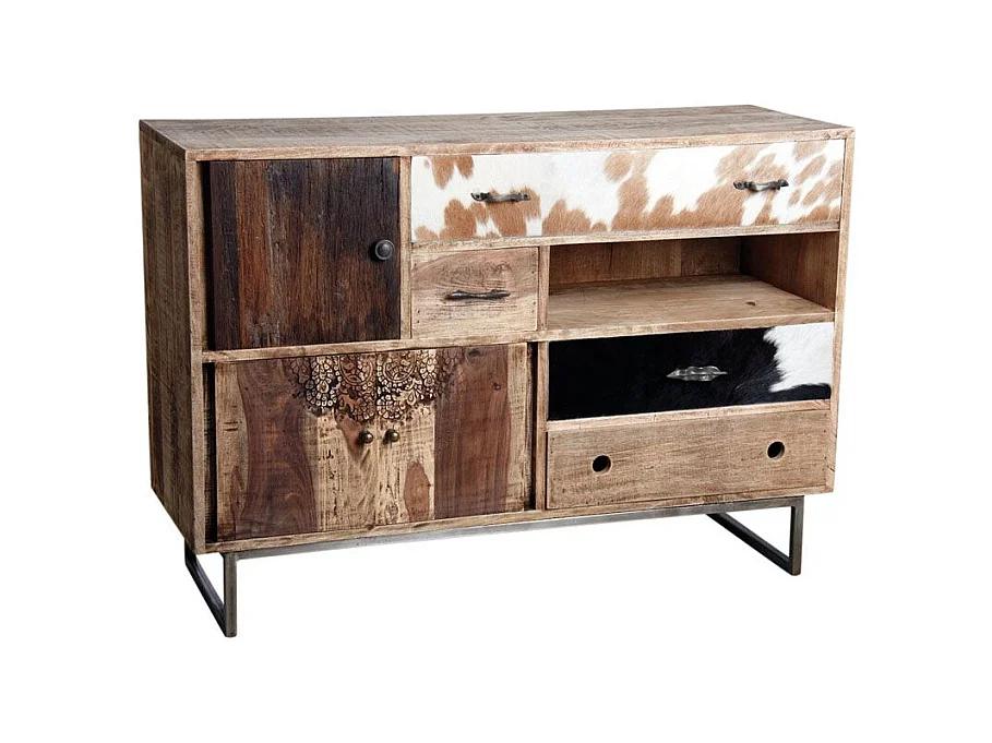 Commode en manguier et peau de vache