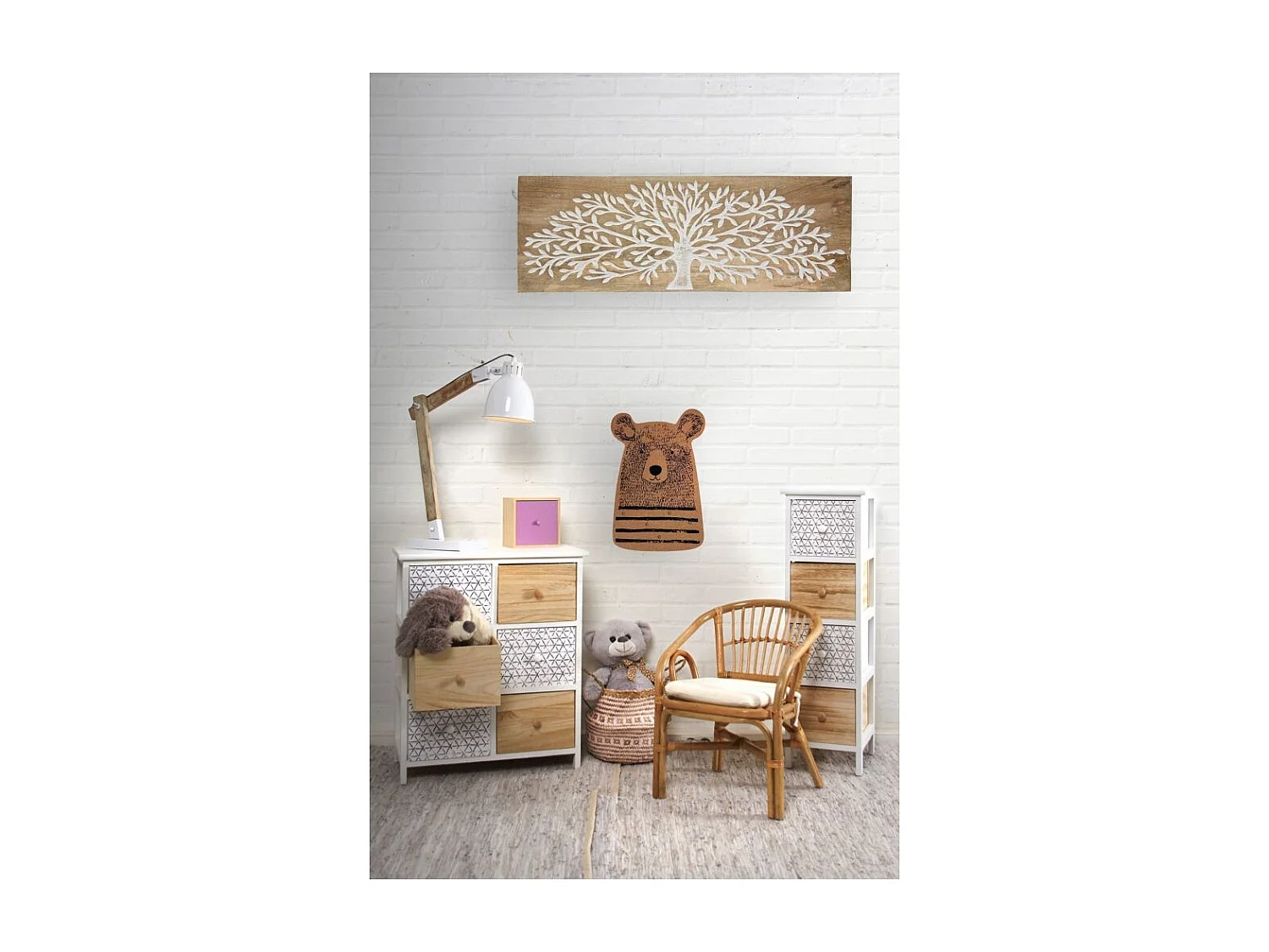 Commode en bois teinté blanc et naturel 6 tiroirs