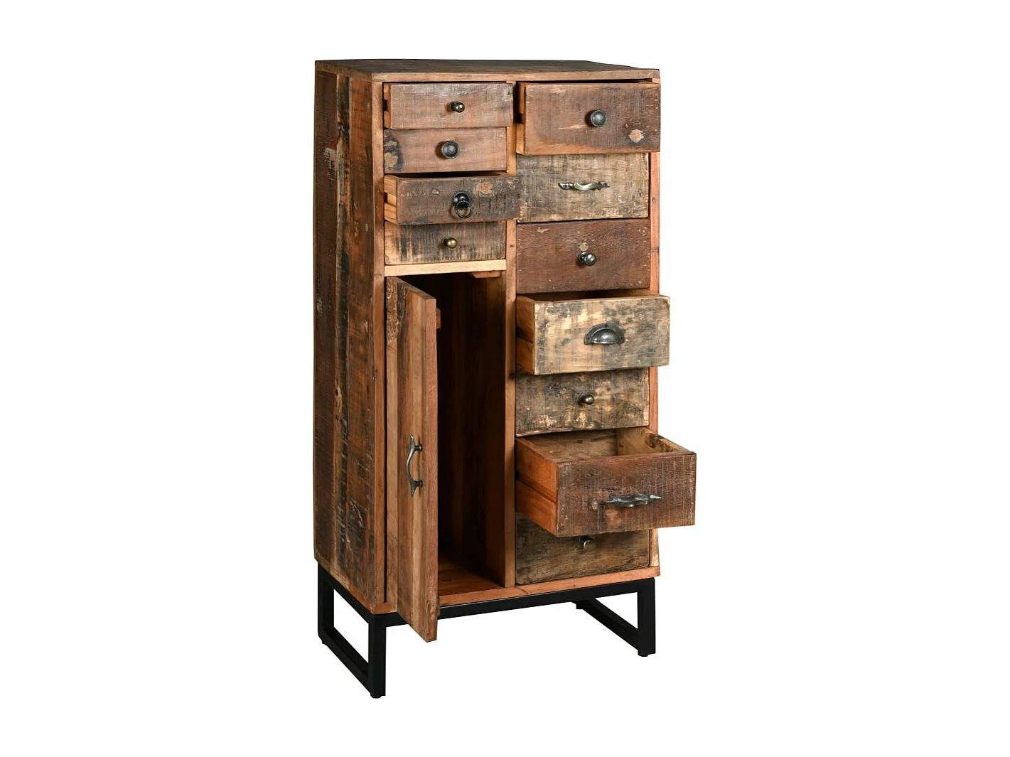 Commode haute en bois recyclé et métal