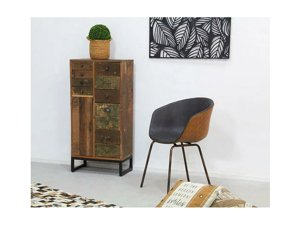 Commode haute en bois recyclé et métal