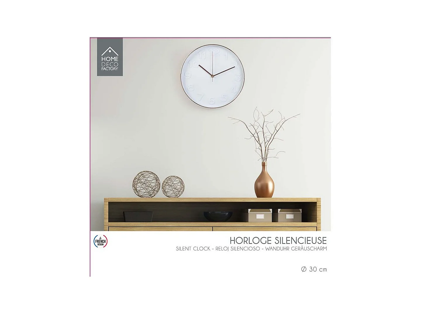 Horloge Ronde 30.5cm Blanche Cuivree Blanc, Cuivre
