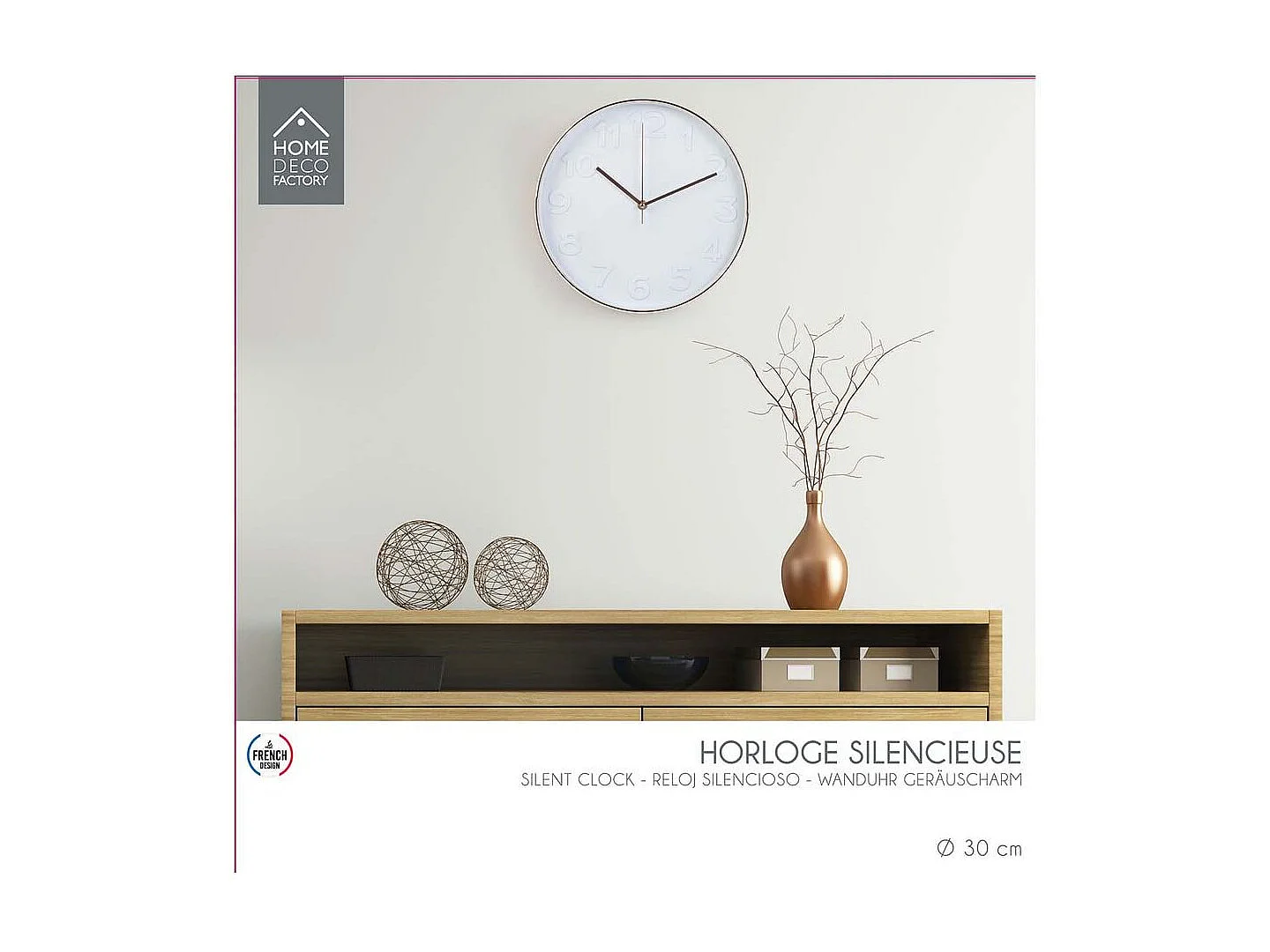 Horloge Ronde 30.5cm Blanche Cuivree Blanc, Cuivre