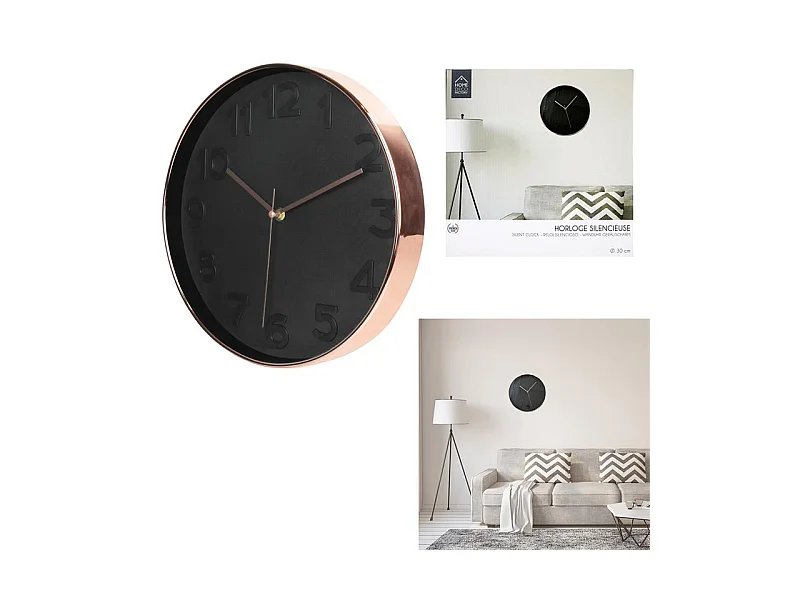 Horloge Ronde 30.5cm Noire Cuivree Noir, Cuivre