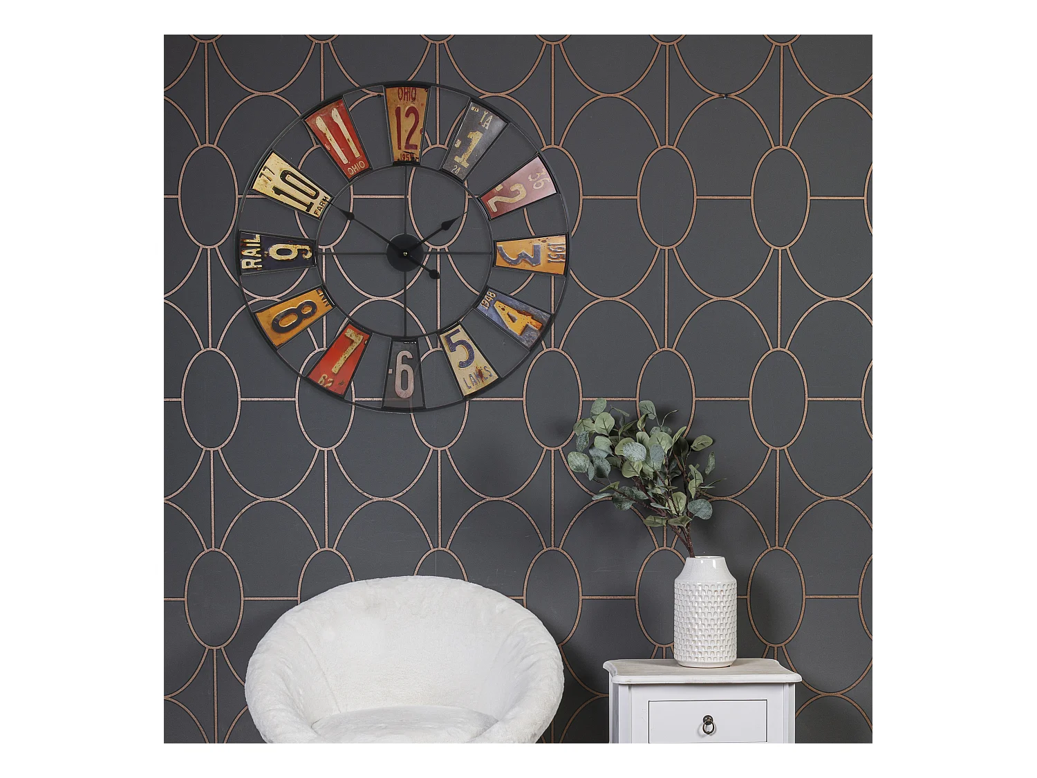 Horloge Recyclerie 80cm A Pile Noir, Rouge, Jaune, Violet