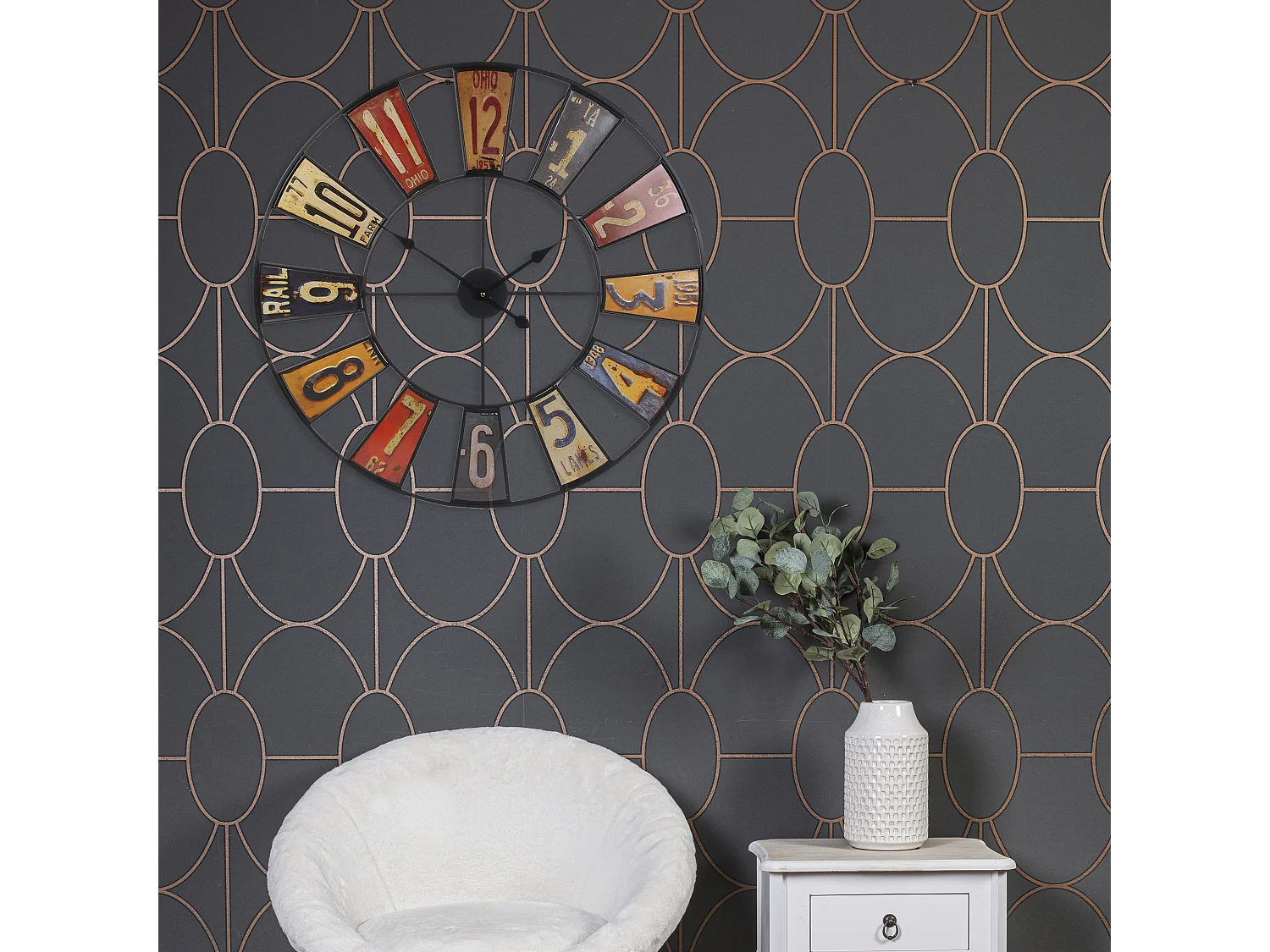 Horloge Recyclerie 80cm A Pile Noir, Rouge, Jaune, Violet