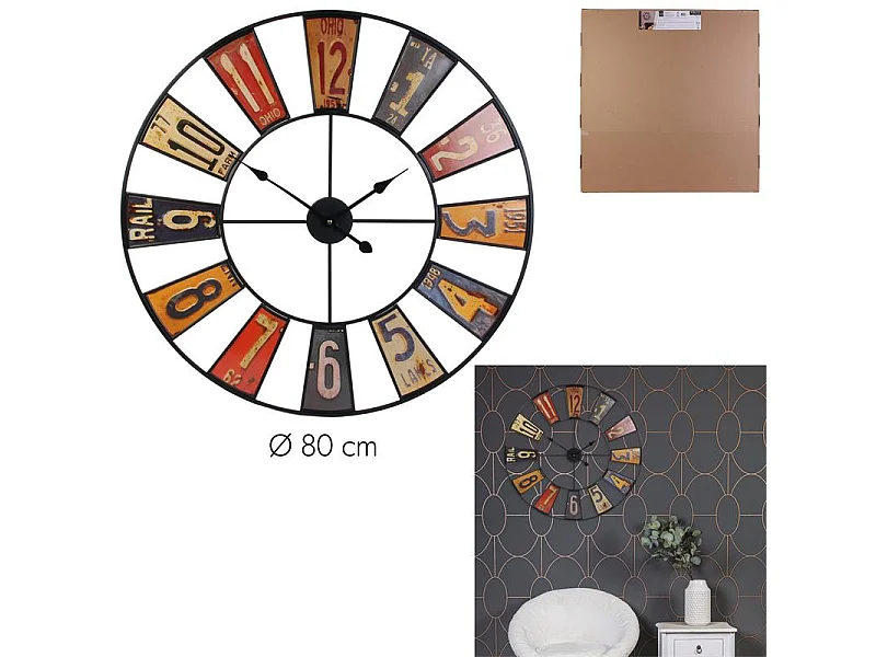 Horloge Recyclerie 80cm A Pile Noir, Rouge, Jaune, Violet