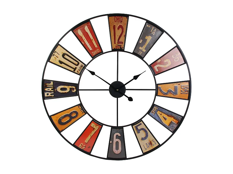 Horloge Recyclerie 80cm A Pile Noir, Rouge, Jaune, Violet