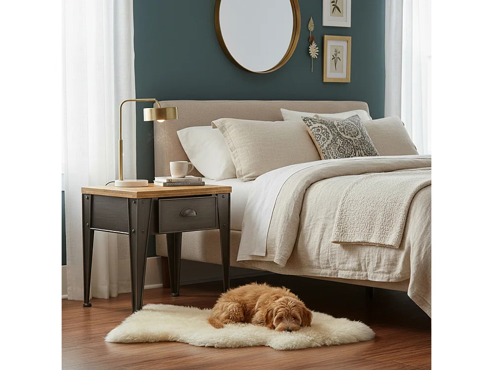 Table de nuit en métal et sapin