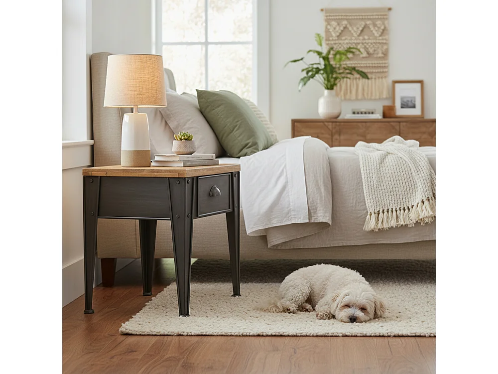 Table de nuit en métal et sapin