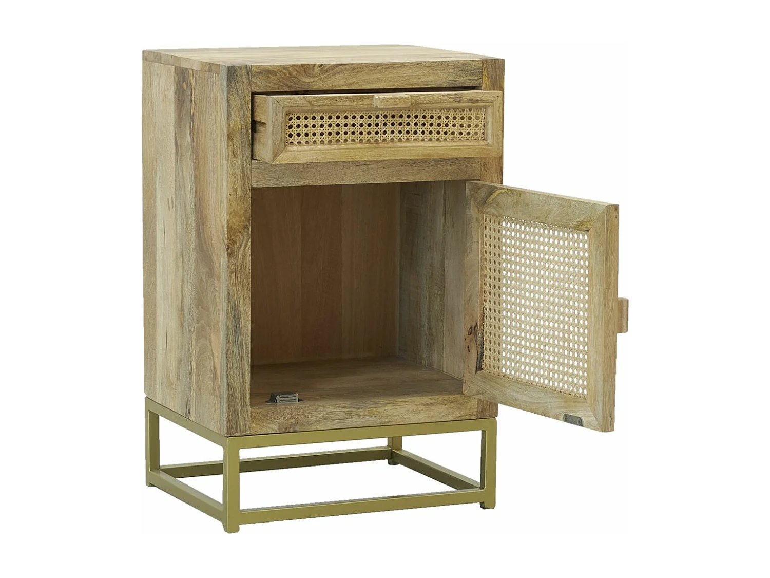 Nachttisch aus Mangoholz und Rohrgeflecht