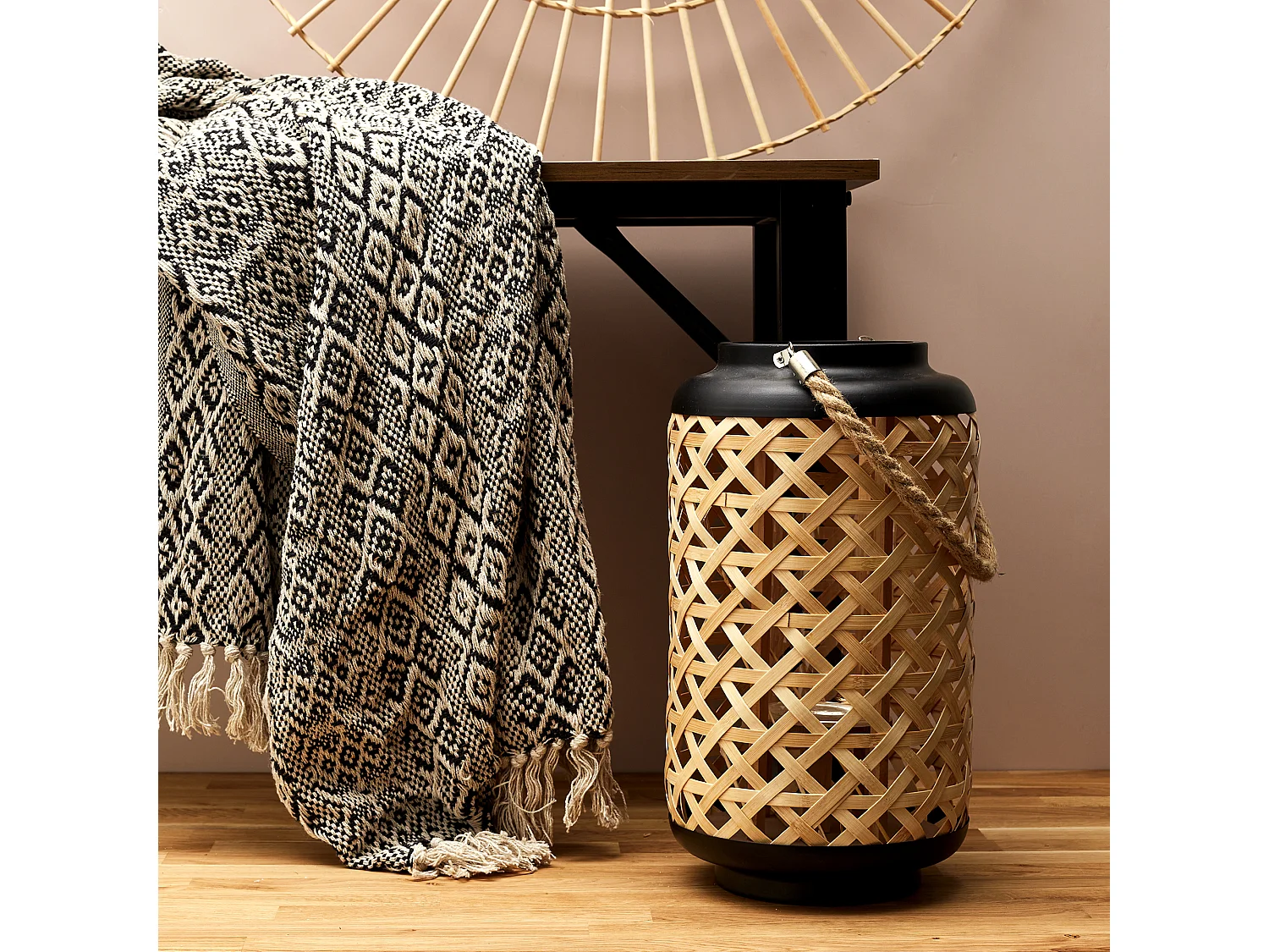 Lanterne Tressee Noir H38.5cm Beige, Noir