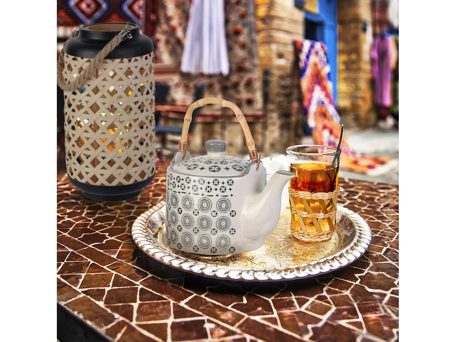 Lanterne Tressee Noir H38.5cm Beige, Noir