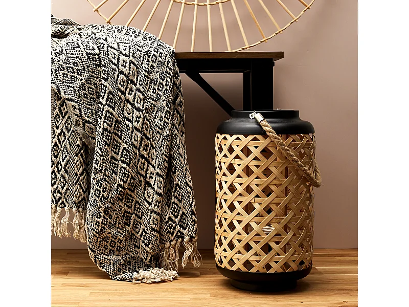 Lanterne Tressee Noir H38.5cm Beige, Noir