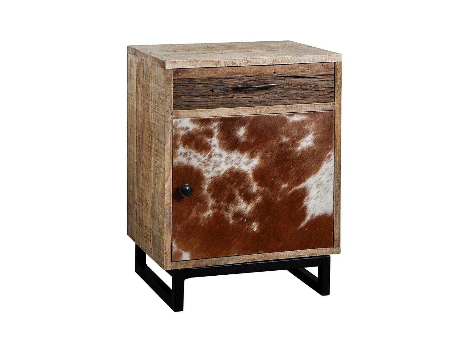 Table de nuit en manguier et peau de vache